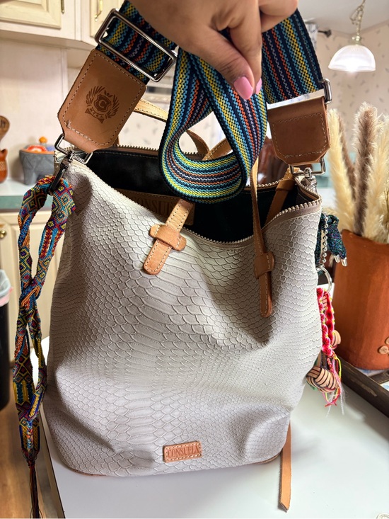 Consuela Handbags - Consuela Cream Textured Tote with Multicolor Woven Strap